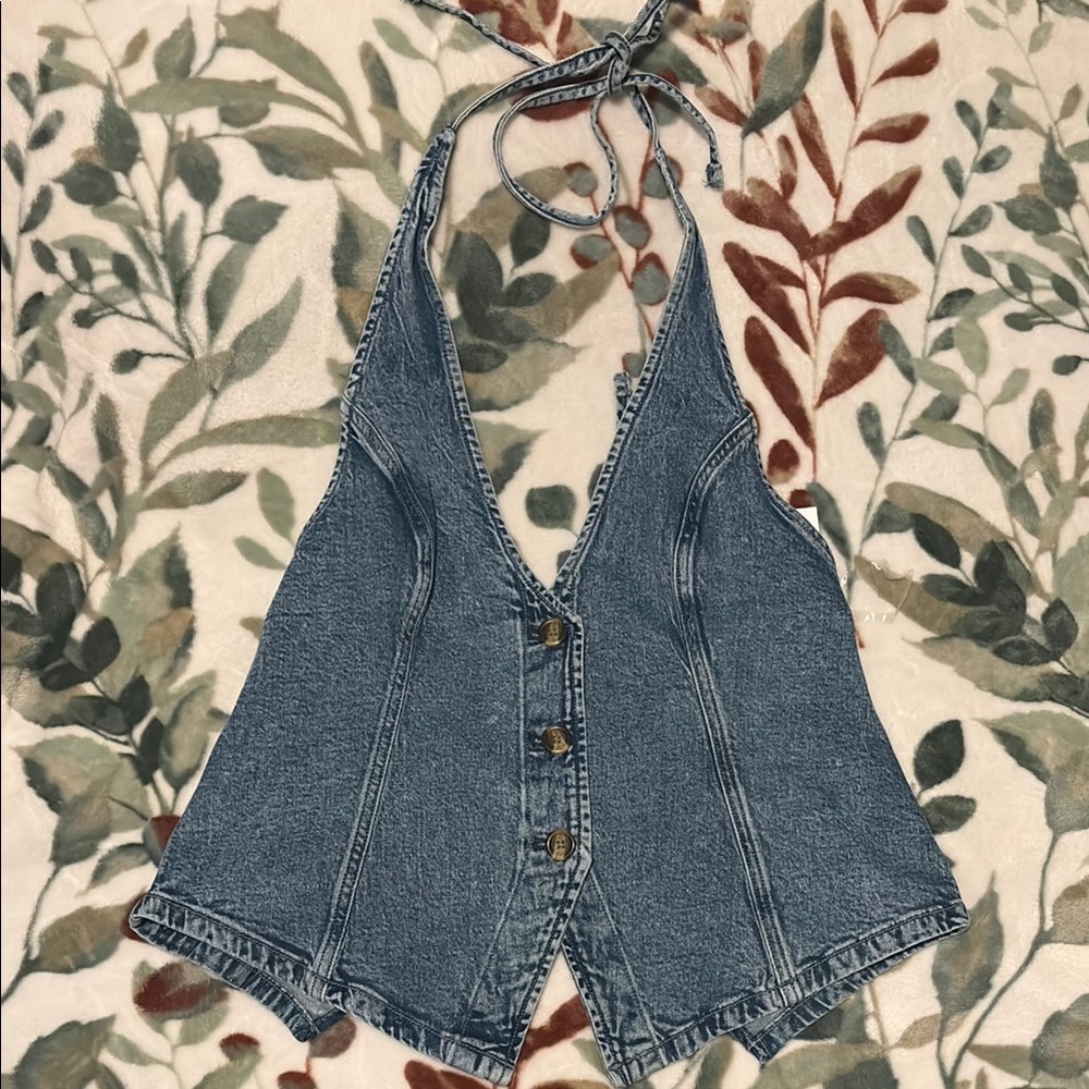 Denim Halter Top with Button Detail